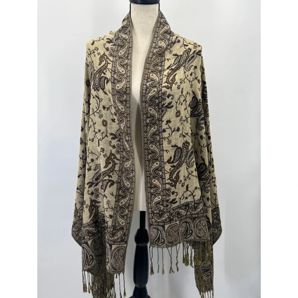 Pashmina Shawl Scarf Wrap Paisley Floral Brown Tan Cream Cashmere Earthy Garden